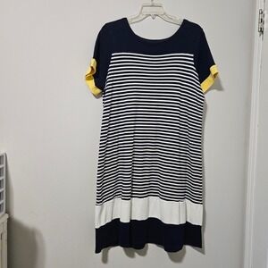 Kim Rogers Curvy Navy White Striped T-Shirt Dress Yellow Cuffs Womens 1X